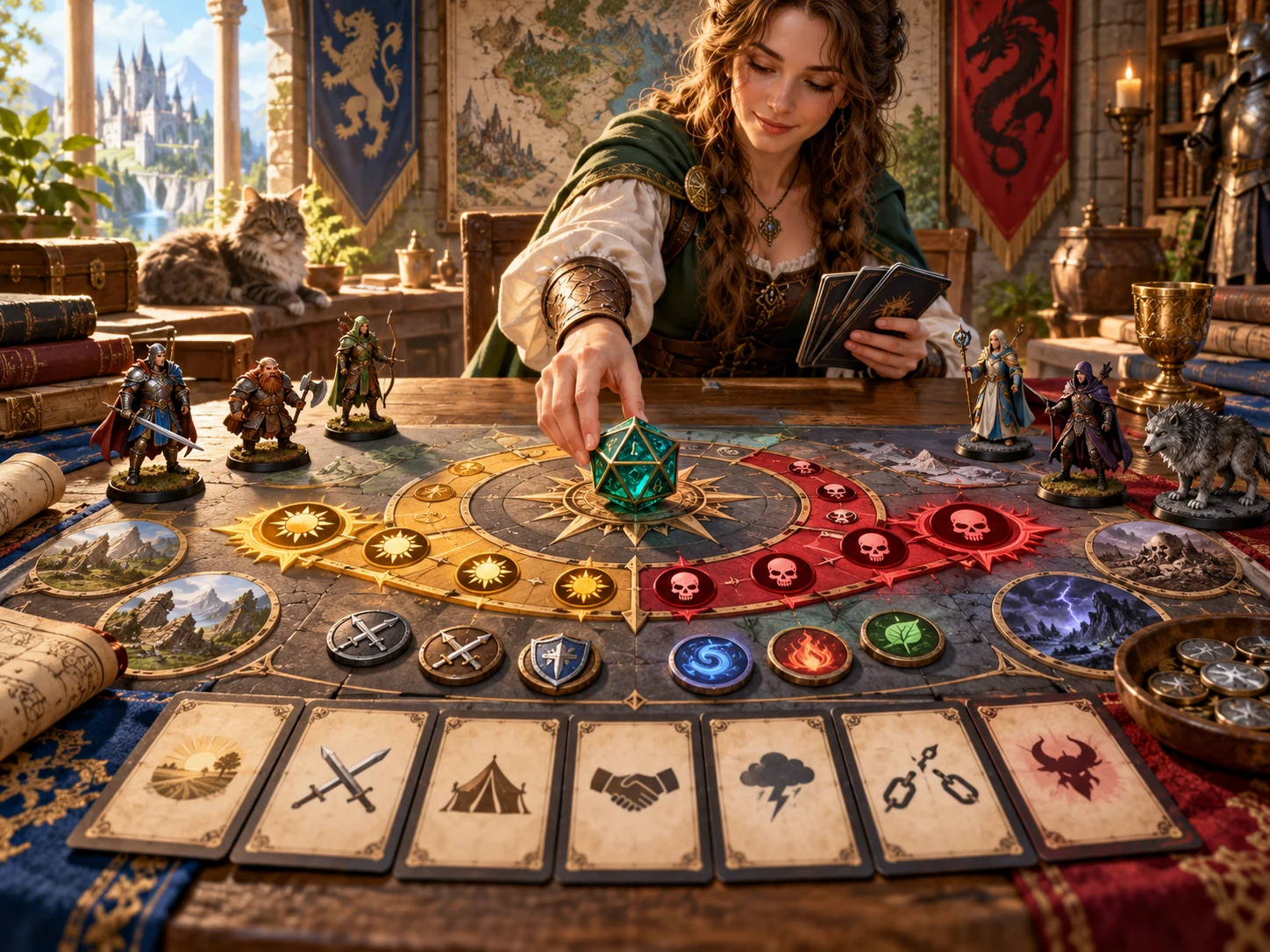 Fantasy illustration of a player choosing combat context around a twenty-sided die