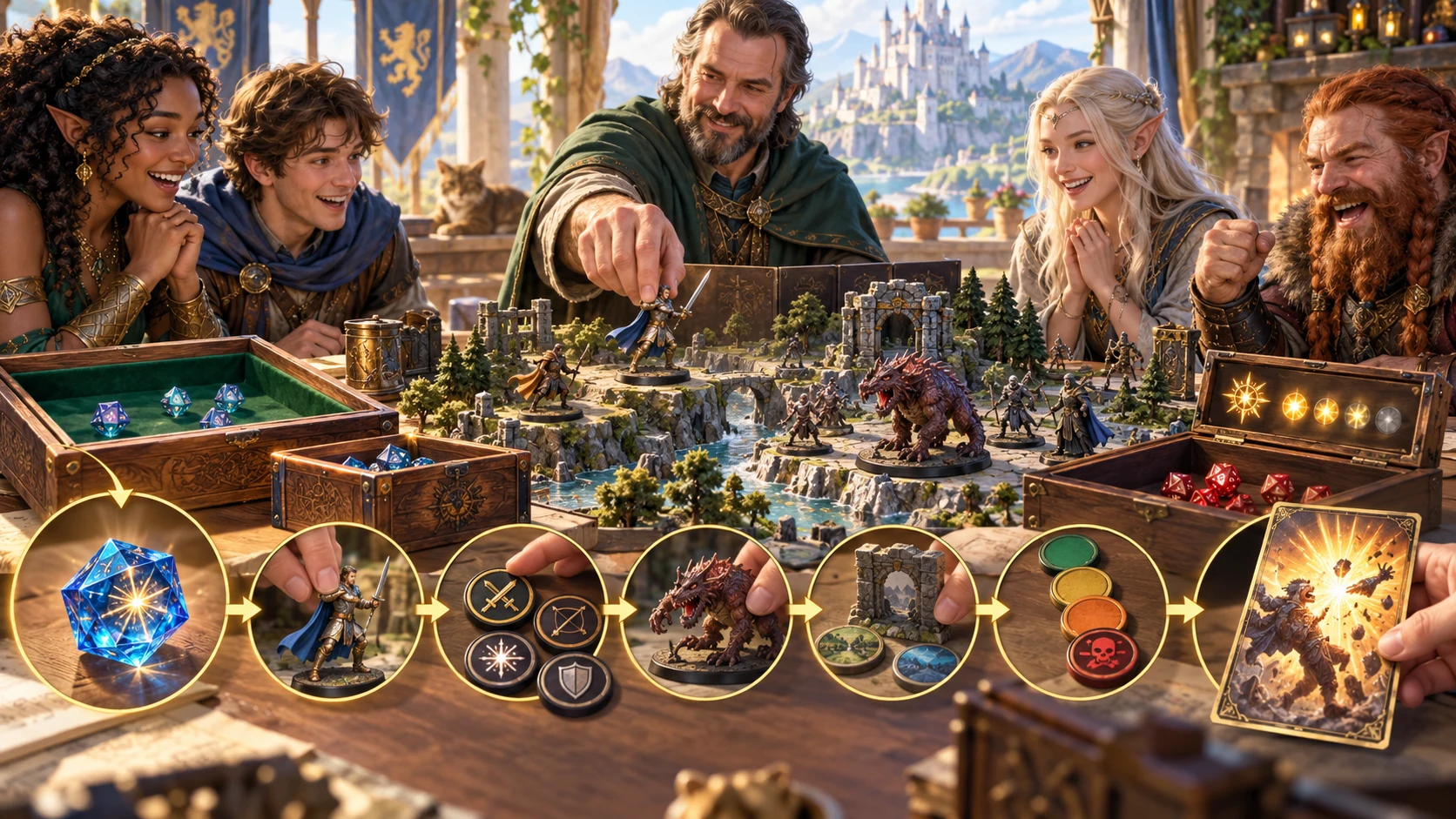 Fantasy illustration of a tabletop group reviewing a roll, character, attack and scene